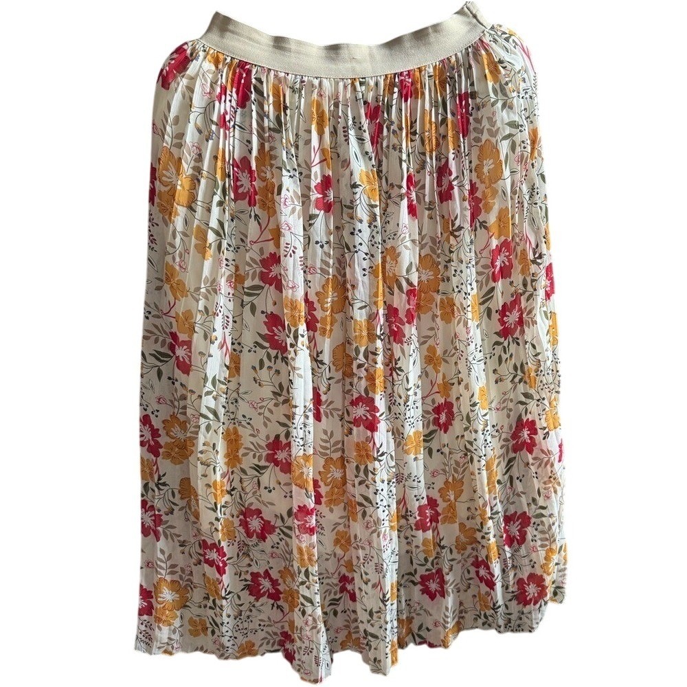 Madison Floral Pleated Midi‎ Skirt Women M L Elastic Waist White Red Yellow